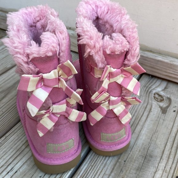 UGG Bailey PInk Bow Striped Boots Size 3 - Picture 3 of 14